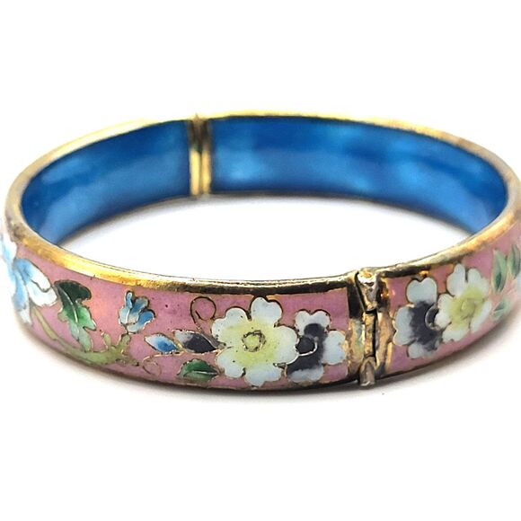 Vintage Pink Blue Flower Cloisonne Hinged  Bangle Bracelet 7.5in - Picture 2 of 6